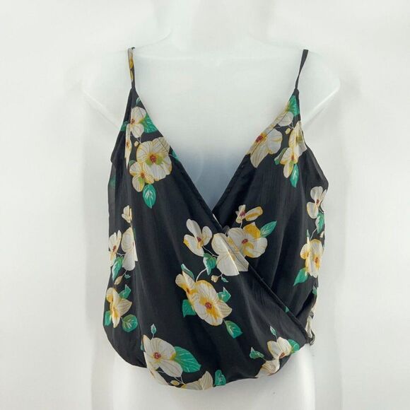 Free Press Top Women's Size XXS Black Floral Draped Tank Cami Spaghetti Straps - Picture 1 of 8